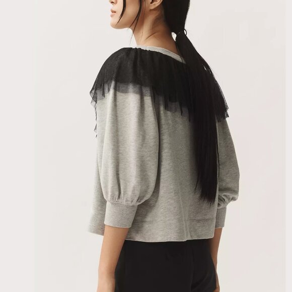 Anthropologie Maeve V-Neck Coquette Bow Sweater Light Grey Large Petite LP - Picture 2 of 9